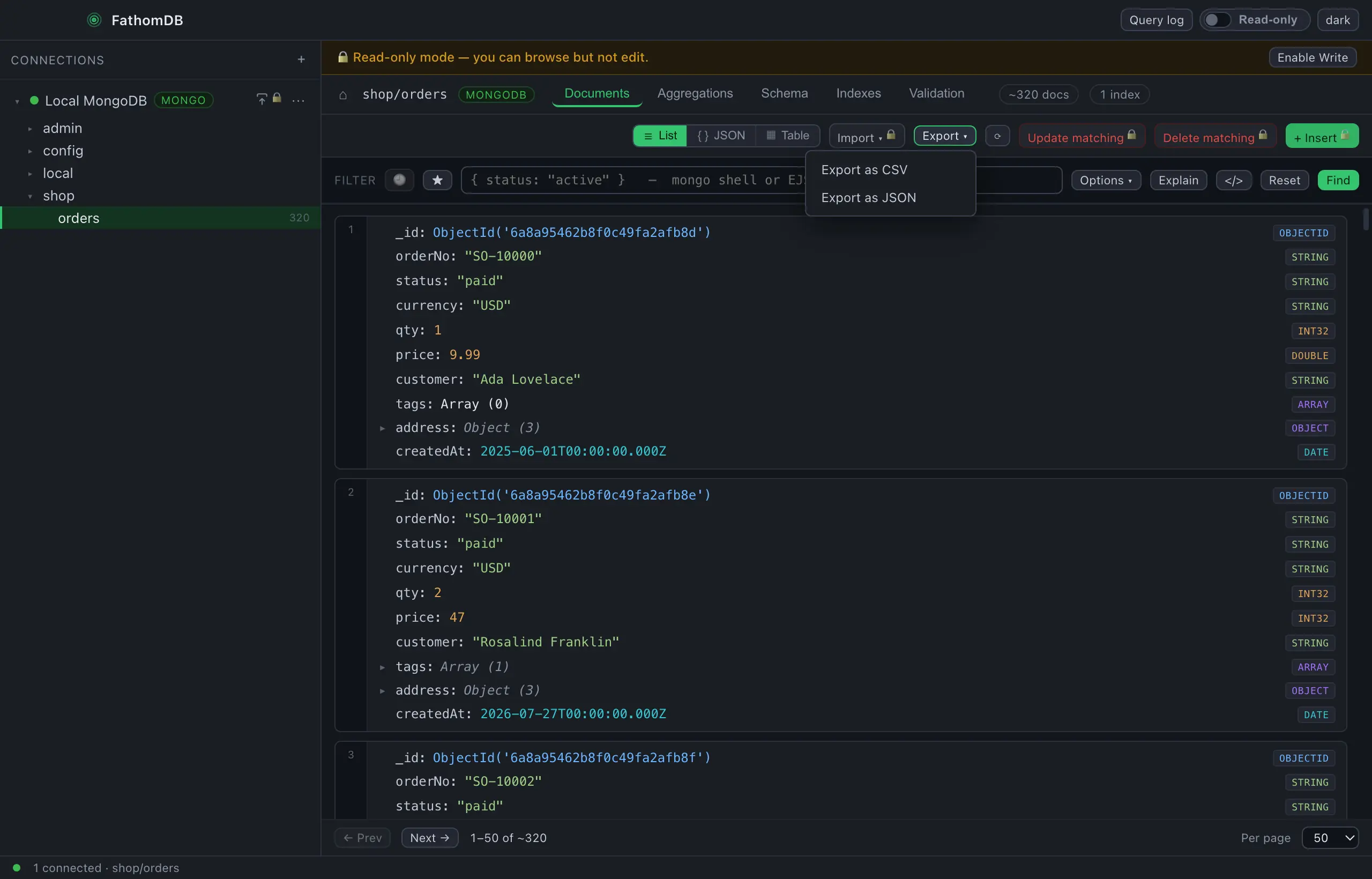 FathomDB's documents view for shop.orders with the Export menu open, offering Export as CSV and Export as JSON, next to the Import menu for loading CSV or JSON files into the collection.