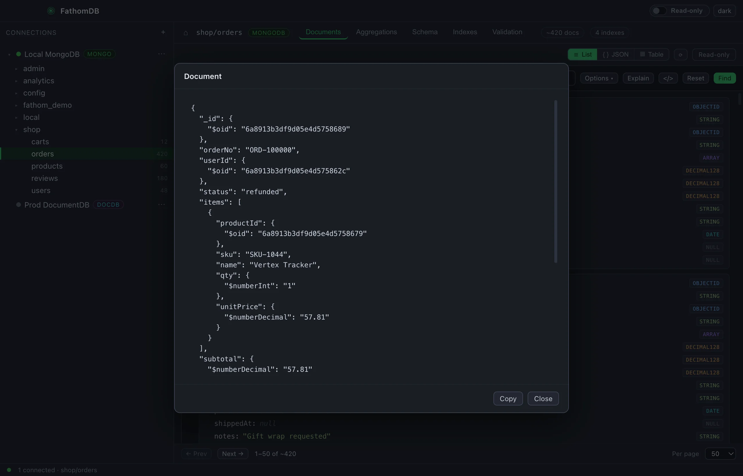 FathomDB's document detail modal open on a single order, showing the full document as Extended JSON including the nested items array with productId, sku, name, qty and unitPrice for each line.
