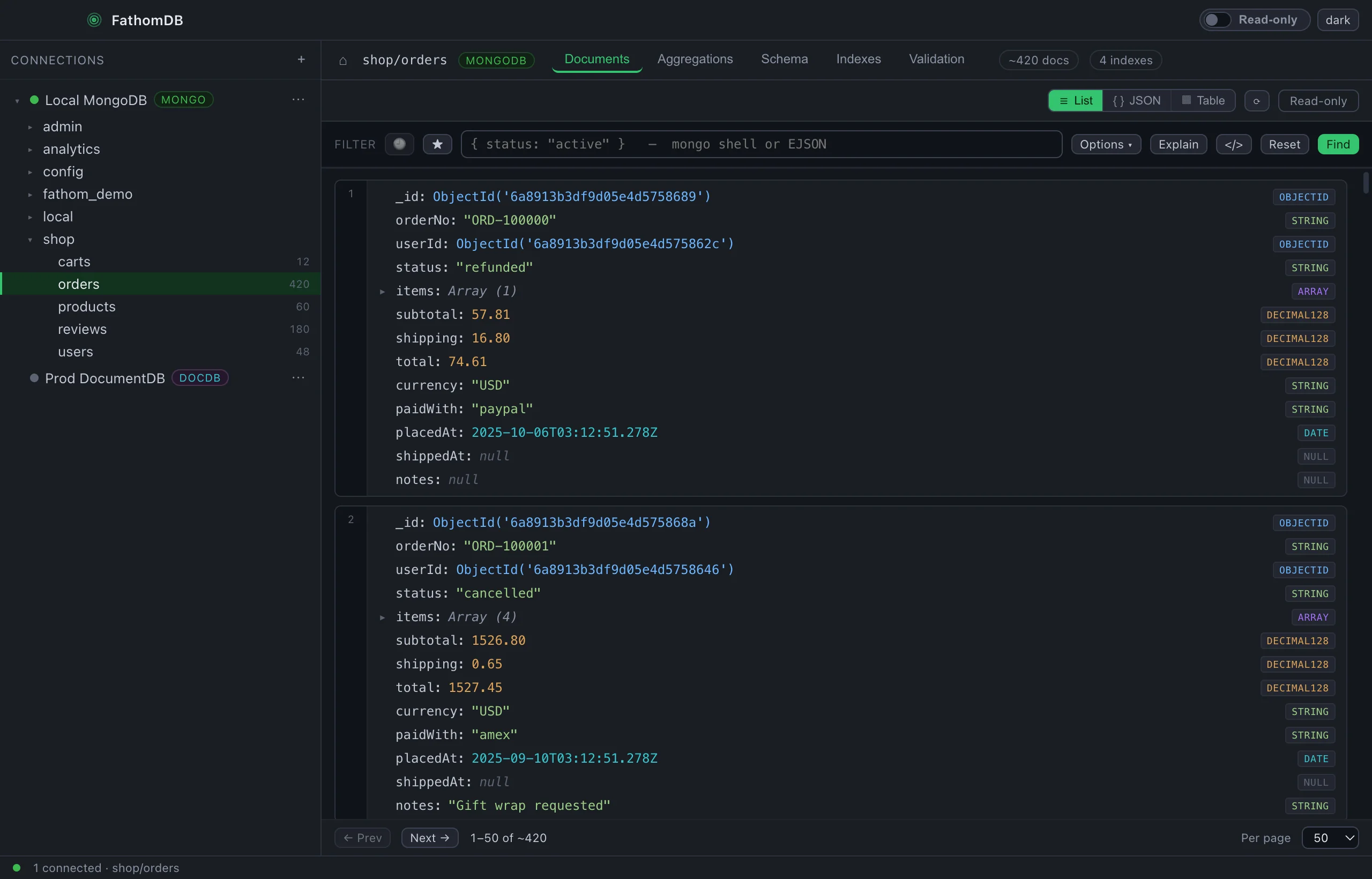 FathomDB browsing the shop.orders collection in List view: each order shows its _id as an ObjectId, orderNo, userId reference, status, a nested items array, and subtotal / shipping / total as Decimal128, with a type badge on every field.