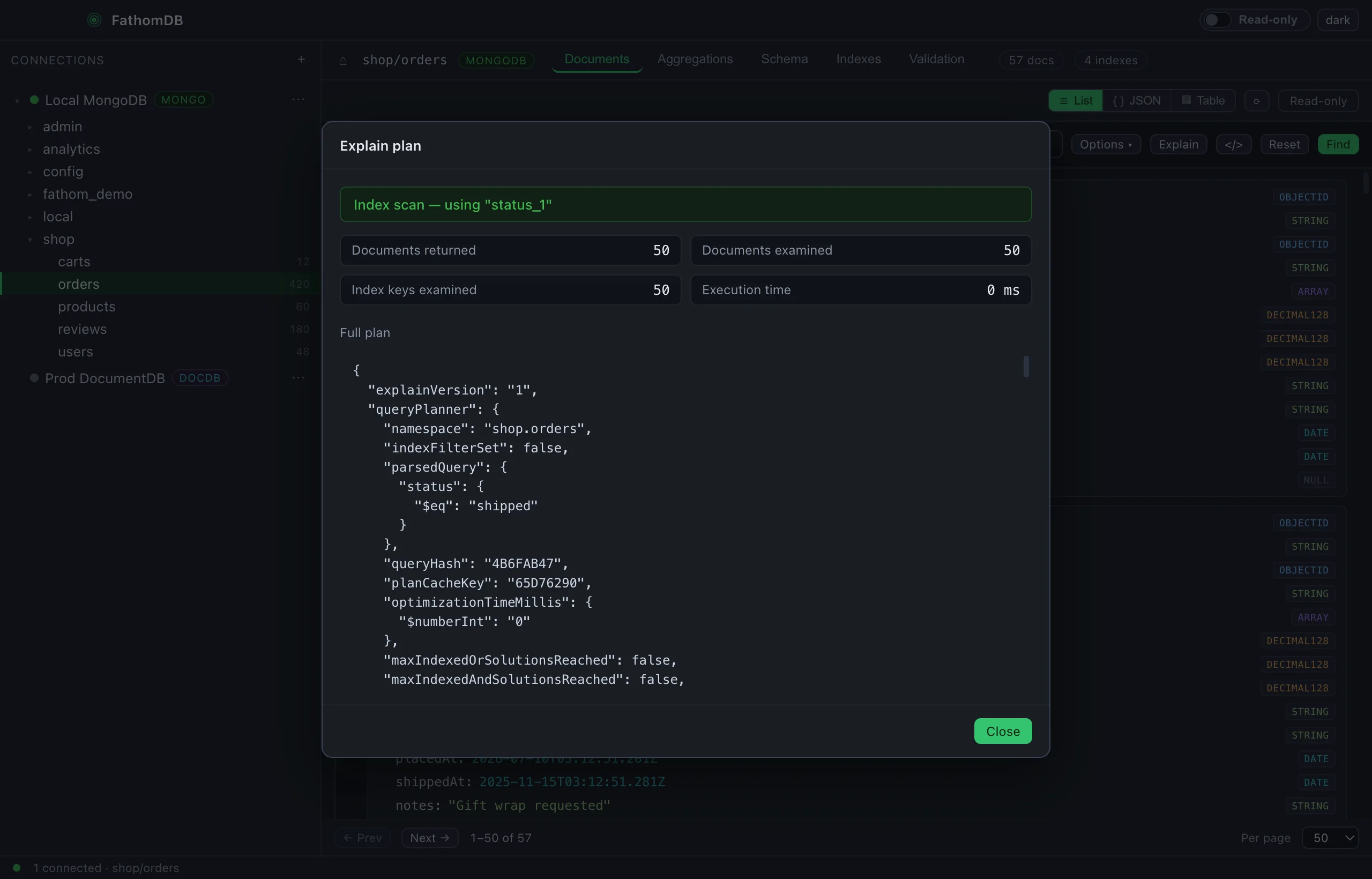 FathomDB's Explain modal for the filter { status: 'shipped' } on shop.orders: an index scan using status_1, with documents returned, documents and keys examined, execution time, and the full queryPlanner JSON.