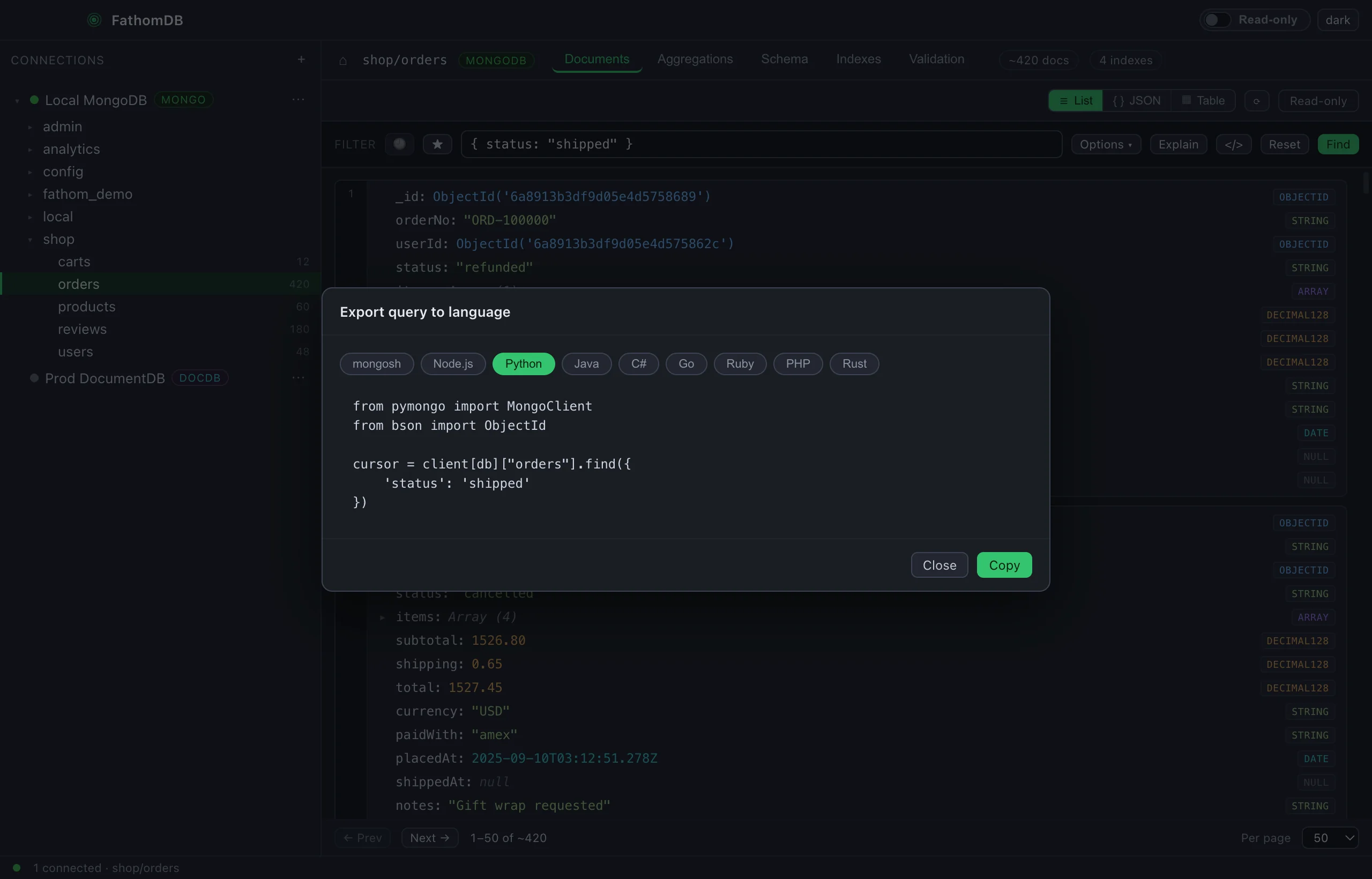FathomDB's export-query-to-language modal with Python selected, showing generated pymongo code for a find with the shipped-orders filter, and a row of language chips: mongosh, Node, Python, Java, C#, Go, Ruby, PHP, Rust.