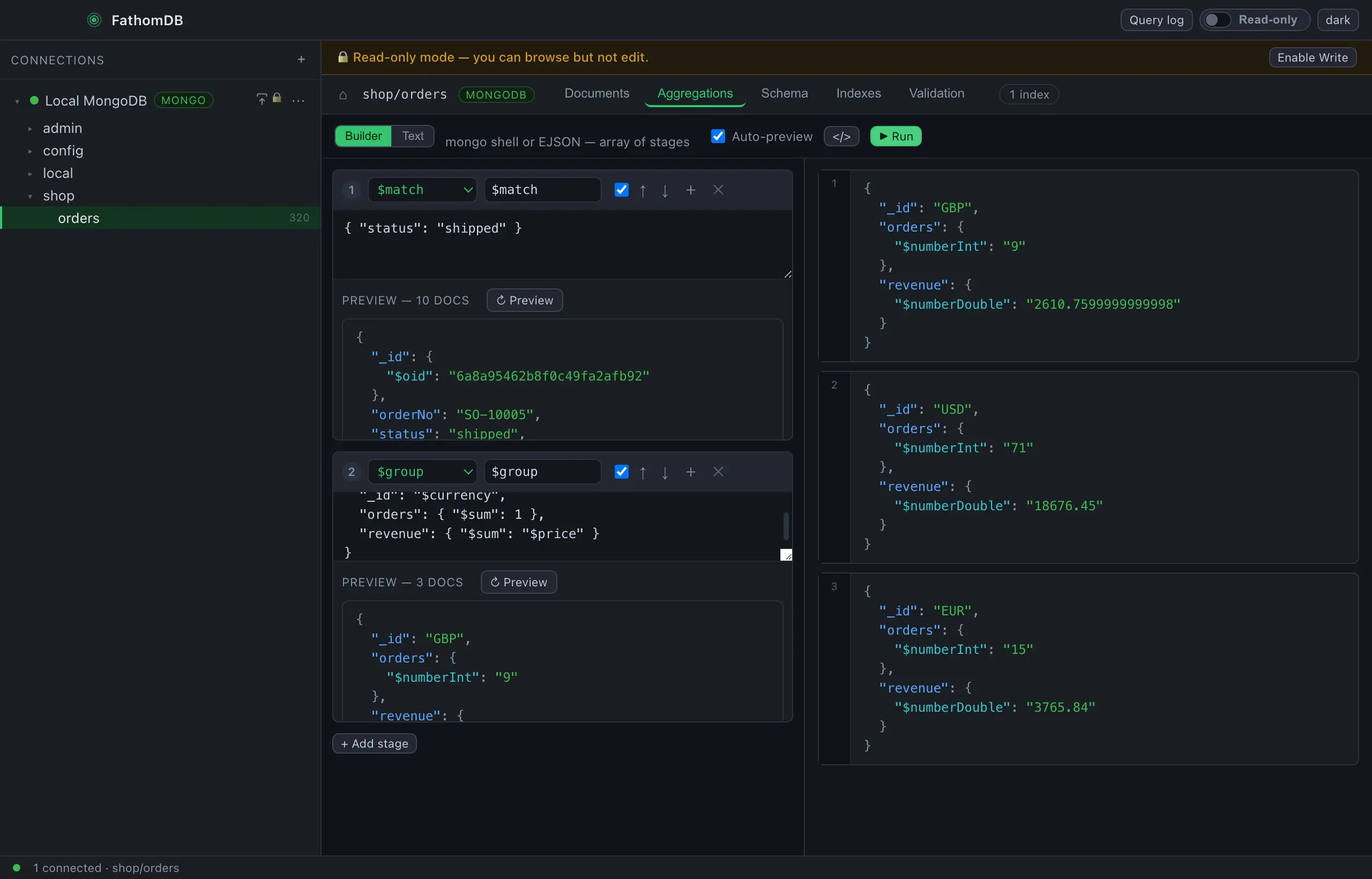 FathomDB's Aggregations tab in Builder mode: a $match stage filtering shop.orders to shipped orders and a $group stage counting orders and summing revenue per currency, each stage showing a live preview of its output, with the full pipeline result — revenue per currency — in the pane on the right.