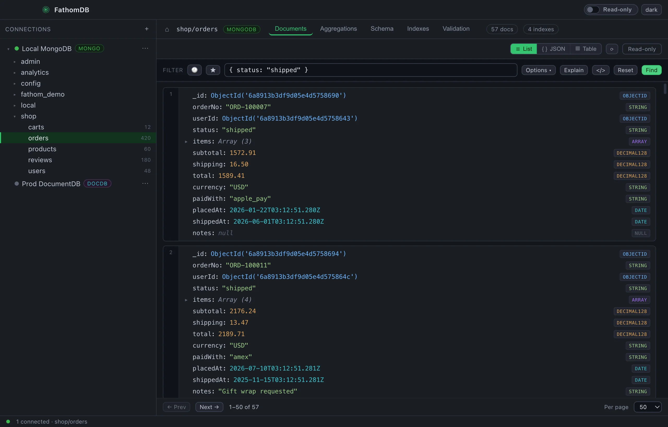 FathomDB running the filter { status: 'shipped' } against shop.orders and showing the 57 matching shipped orders in the document list.