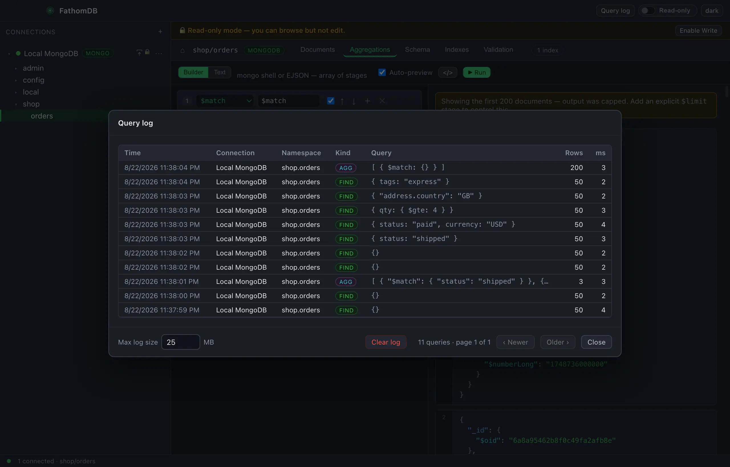 FathomDB's Query log modal listing recent queries against shop.orders — a mix of find and aggregate entries with their time, connection, namespace, filter, row count and execution time, newest first.