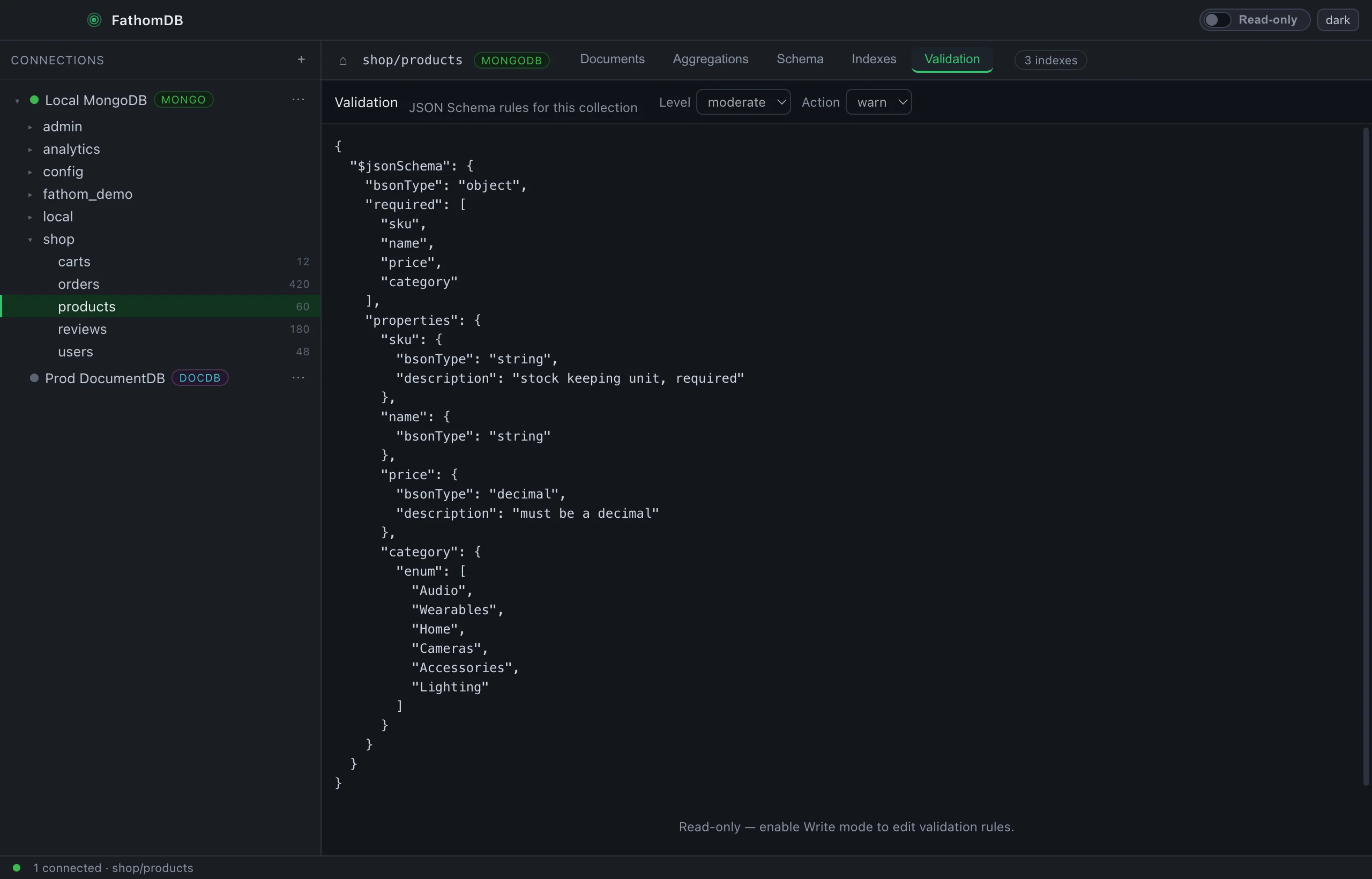 FathomDB's Validation tab on shop.products showing the collection's $jsonSchema: required fields, property bsonTypes, a category enum, with validation level moderate and action warn.